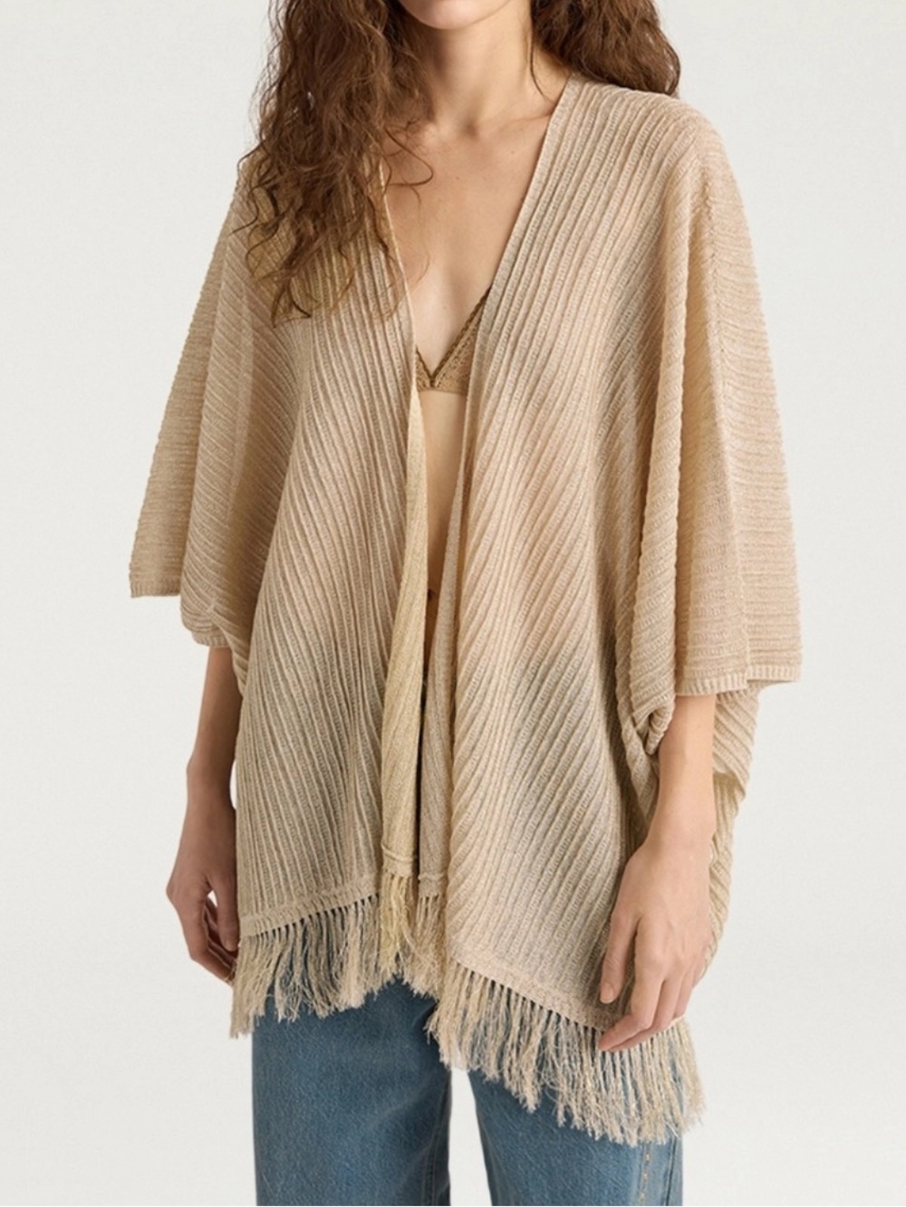 NWT $398 One Size Momoni Gold Divina Lightweight Open Front Cape Style Cardigan